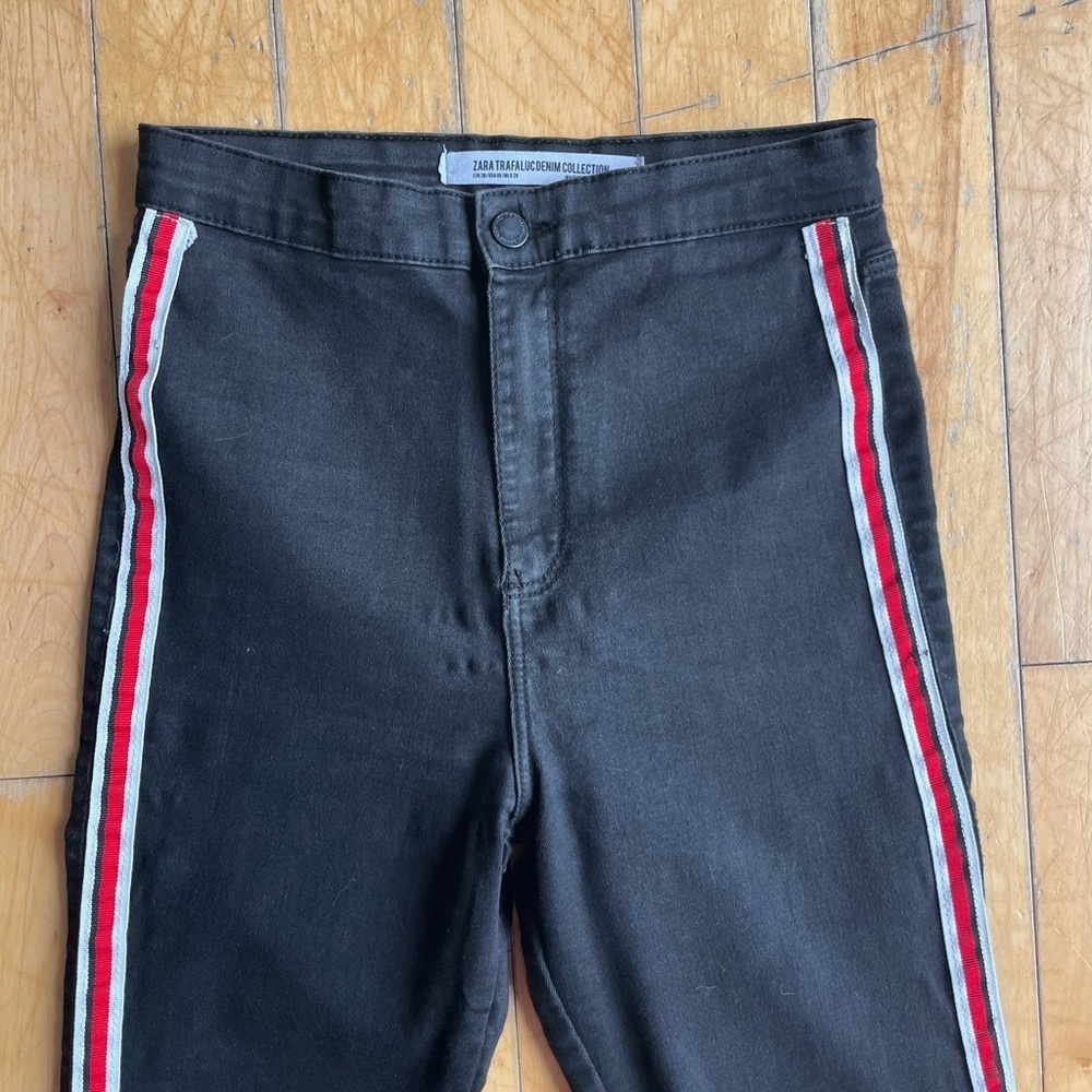 Zara Trafaluc Black Jeans with Red and White Stripes Size 6 - Picture 3 of 5